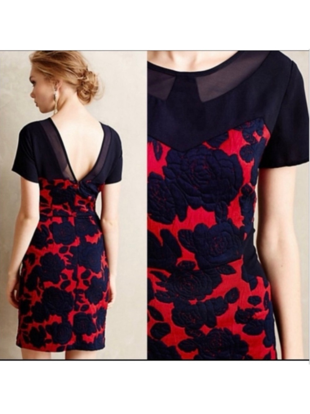 Maeve Red & Navy Floral Textured Sheath Dress Medium Anthropologie